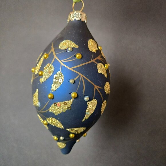 Frontgate Gold Leaf Blue Teardrop Glass Christmas Ornament Hand Decorated - Picture 3 of 8
